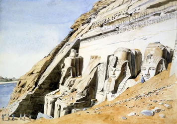 Fachada del Gran Templo de Abu Simbel, estatuas gigantes de piedra arenisca de Ramsés II. Por el canónigo G Frederick Weston
