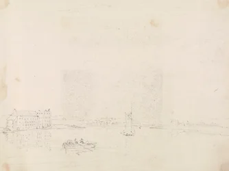 Boceto de barcos y un gran edificio, desde el otro lado del río Medina