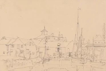Boceto de veleros amarrados junto a un pueblo