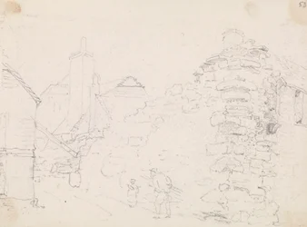 Boceto de casas de piedra en un pueblo