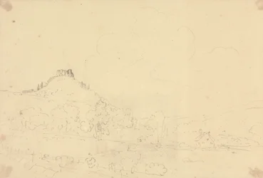 Boceto de un castillo en lo alto de una colina con casas debajo