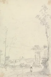 Boceto de una casa en un camino de brezales