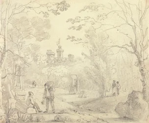Boceto de una escena de parque con el castillo de East Cowes a lo lejos, Isla de Wight