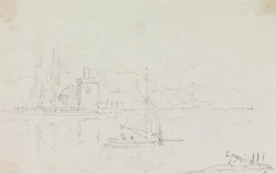 Boceto de un velero y un edificio en la orilla