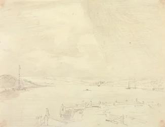 Boceto de un paisaje costero con muelle en primer plano, Isla de Wight