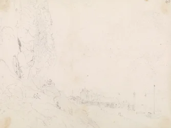 Boceto de un pueblo costero cerca de un acantilado