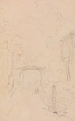 Boceto de una carretera arbolada y un puente, Shorwell