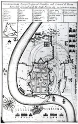Londonderry sitiada por el General Hamilton y Conrad de Rosen, grabado por J. Sturt, 1689