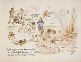 La vista de nuestros hombres lavándose enfureció tanto a los bóers que inmediatamente abrieron fuego, de The Leaguer of Ladysmith, 1900