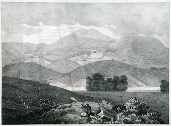 Vista de parte del lago y cabañas en Ottacamund, montañas de Neelgherry, lámina 3 de Vista de los Neilgherries, o Montañas Azules de Coimbetoor, India del Sur por el Capitán McCurdy, publicado en 1830
