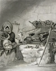 Interior de una cabaña de nieve esquimal, Isla de Invierno 1822, grabado por Edward Francis Finden (1791-1857) pub. por John Murray, 1824