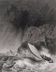 Los botes frente a la Isla Walden en una tormenta de nieve, 12 de agosto de 1827, del Diario de un Tercer Viaje para el Descubrimiento de un Paso del Noroeste desde el Atlántico hasta el Pacífico realizado en los años 1824-25