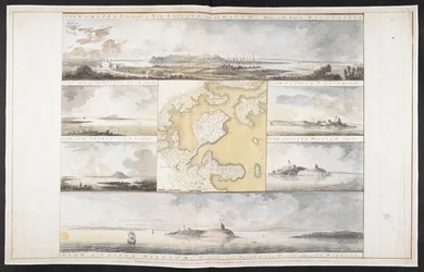 Vistas de la capital de Nueva Inglaterra y el Castillo de William y Mary en el puerto de Boston