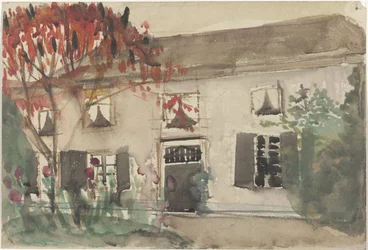Casa con jardín delantero y árbol rojo