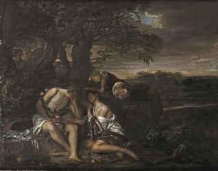 Una pareja durmiendo, descubierta por tres mujeres en un paisaje arcádico (óleo sobre tabla)