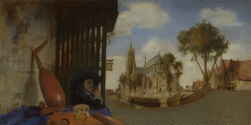 Vista de Delft con puesto de vendedor de instrumentos musicales