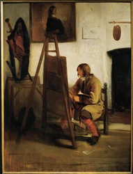Joven pintor en su estudio (pintura sobre lienzo)