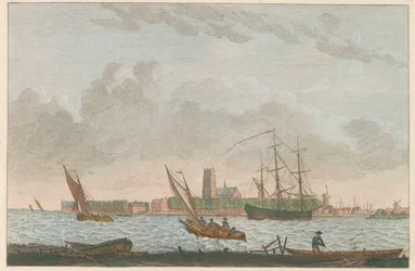 Dordrecht de Merwede, hacia 1790 Dordrecht van de Merwe en exhibición / La ville Dordrecht - prise du coté dela riviere dite la Merwe (título sobre objeto)