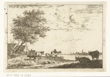 Paisaje fluvial con granjero y vacas en la granja. Paisajes (título de la serie)