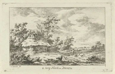 Hombre con un rastrillo en un granero Demasiado alto Haale en Drenthe (título sobre objeto) Paisajes (A-F) (título de la serie)