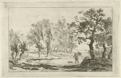 Paisaje fluvial con un recolector de madera.
