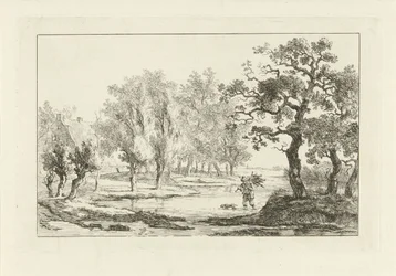 Paisaje fluvial con un recolector de madera.