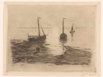 Paisaje marino con veleros y sol poniente
Sol poniente (título en el objeto)