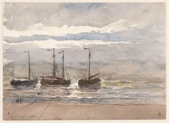 Barcos de pesca en la playa de Katwijk cuando sube la marea