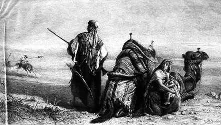 Beduinos en el desierto, una de una colección de seis impresiones después del artista
