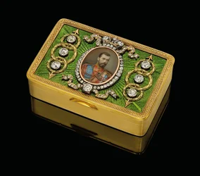 Caja de rapé de presentación imperial, con una miniatura en acuarela sobre marfil del Emperador Nicolás II, c. 1890