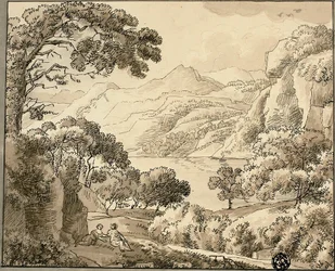 Lago de montaña con dos figuras