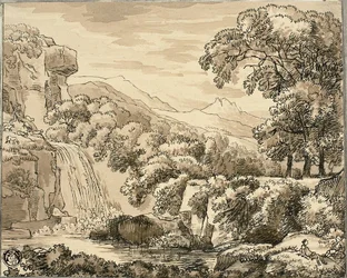 Paisaje de montaña con cascada y figuras