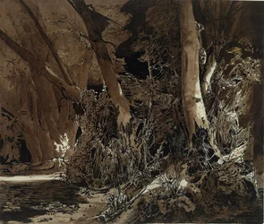 Paisaje forestal con agua corriente y dos cazadores