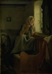Una anciana campesina mirando por una ventana