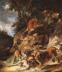 Un león ahuyentando a un par de leopardos de un ciervo muerto