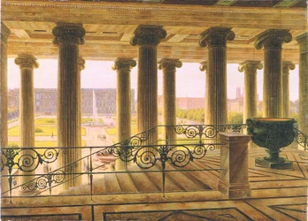 vista desde el nuevo Museo sobre el jardín de recreo y el palacio real de Berlín
