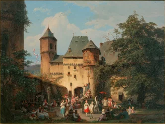 Escena festiva en el patio de un castillo