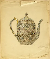 Diseño para una cafetera de esmalte cloisonné de plata dorada en forma ovoide, Casa de Carl Faberge