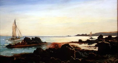Paisaje costero con barcos de vela