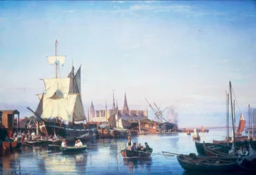 Puerto de Helsingør con el castillo de Kronborg