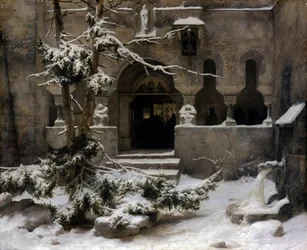Jardín del monasterio en la nieve