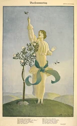 Zeichnung zum Gedicht "Vorsommertag": .Dibujo sobre el poema "Vorsommertag".
Una mujer alcanzando una mariposa.
