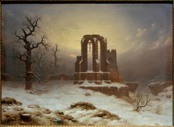 Ruina de iglesia en la nieve