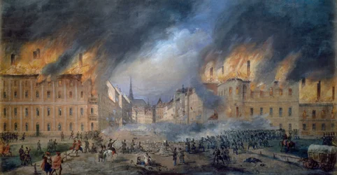 Batalla en Sternbarrikade en Jagerzeile el 28 de octubre de 1848, revolución en Viena, incendio en la ciudad, pintura de Carl Goebel (1824-1899), Austria.