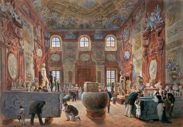 La gran sala de mármol del Bajo Belvedere con las esculturas de la colección de antigüedades