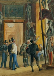Oficiales austriacos y dos tiroleses ven la colección Ambras en el Bajo Belvedere