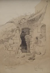 Tres figuras sentadas fuera de una casa, Nazaret, 1859