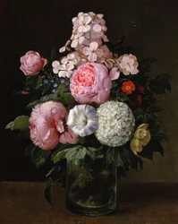 Bodegón de rosas rosas y hortensias. Pintura de Carl Henrik Koch Moller (1845-1920) Colección particular.