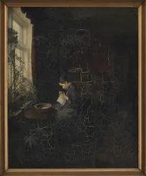 Interior con una niña cosiendo