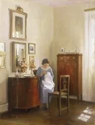 Interior con dama cosiendo, c.1910